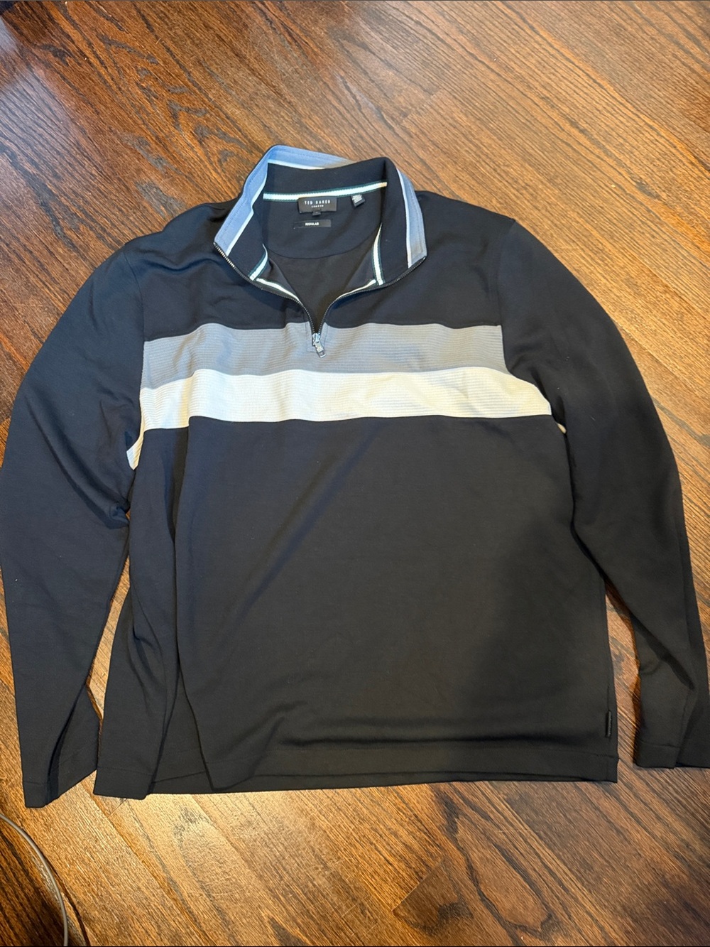 Ted Baker Men’s Black Quarter-Zip Pullover with Gray and White Stripe